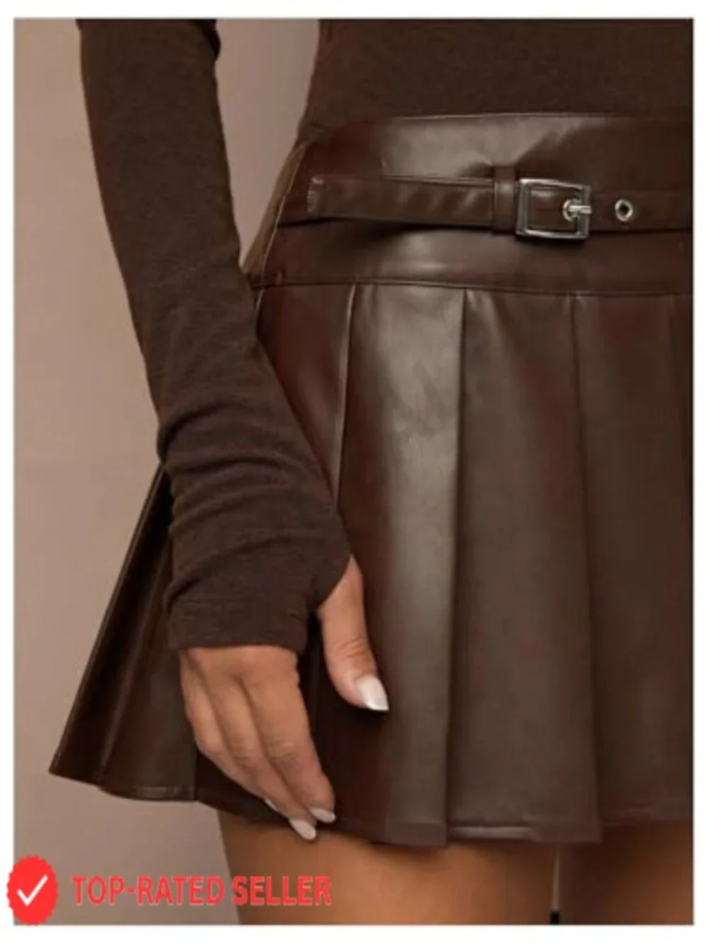 Pleated Leather Skirt Flared Buckle Belted Y2K A Line Mini Skirts Chic Edgy - Picture 4 of 5